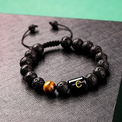 Bracelets ajustables en perles rondes œil de tigre naturel et roche de lave&nbsp;TV6214-3