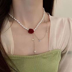 Imitation Perle Reis Perlen Rose Blume Choker Halsketten mit Legierung Kristall Strass Kette&nbsp;FS-WGBE6F4-01
