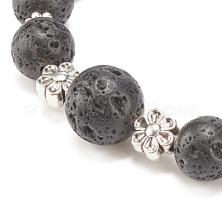 Bracelet extensible perlé rond en pierre de lave naturelle avec fleur en alliage&nbsp;BJEW-JB08010