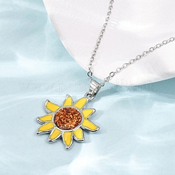 Collana con ciondolo a forma di girasole giallo smaltato in acciaio inossidabile 304 e catena a maglia fine per donna&nbsp;NJEW-Z119-01P