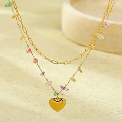 Collar con colgante de corazón de doble capa de acero inoxidable 304 y chip de piedra preciosa natural para mujer&nbsp;NJEW-U031-09G
