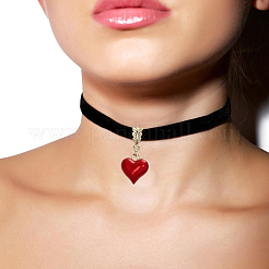 Chokerhalsketten aus schwarzem Samt mit Herzanhänger aus Emaille für Damen&nbsp;NJEW-WH20014-01A