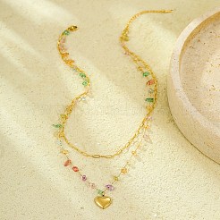 Collar con colgante de corazón de doble capa de acero inoxidable 304 y chip de piedra preciosa natural para mujer&nbsp;NJEW-U031-09G