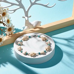 Bracelet de cheville perlé turquoise synthétique cœur et tortue&nbsp;AJEW-AN00459-01