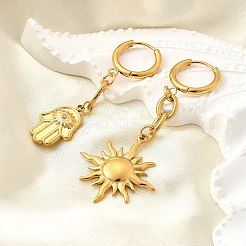Orecchini a cerchio in acciaio inossidabile 304 con micro pavé di zirconi cubici trasparenti e sole e palma&nbsp;EJEW-B140-09G