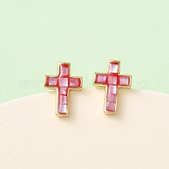 Boucles d'oreilles à tige en laiton et émail avec croix&nbsp;EJEW-I322-03G