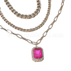 3 stücke elegante legierung fuchsia strass rechteck anhänger 3 schicht halsketten-sets&nbsp;QV2693-1