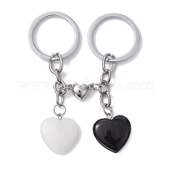 Porte-clés en pierre noire naturelle et cœur en jade blanc naturel&nbsp;KEYC-JKC00548