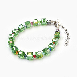 Bracciali perle di vetro Placchi, con perle di ematite sintetica in vetro ceco e non magnetico, 304 scoperte in acciaio inox, verde primavera, 7-5/8 pollice (19.5 cm)