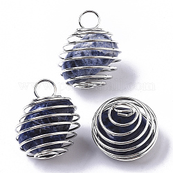 Eiserne Spiralperlenkäfiganhänger, mit natürlichen Sodalithperlen im Inneren, Runde, Platin Farbe, 21x24~26 mm, Bohrung: 5 mm