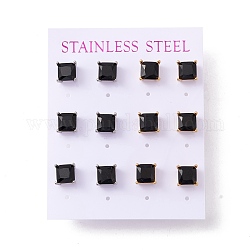 6 paio di piccoli orecchini a bottone quadrati con zirconi cubici, 304 gioiello in acciaio inossidabile per donna, colore misto, nero, 8x8mm, ago :0.7mm