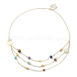 Natural & Synthetic Mixed Gemstone Beaded Triple Layered Necklaces, Brass Cable Chains Necklace for Women, 20.12 inch(51.1cm)