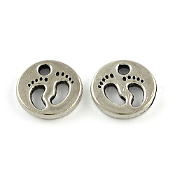 Tibetan Style Zinc Alloy Pendants, Flat Round with Foot, Lead Free & Cadmium Free, Antique Silver, 11x2mm, Hole: 2mm