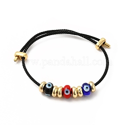 Mauvais œil au chalumeau et bracelet perlé en laiton, Bracelet réglable en corde torsadée en acier inoxydable pour femme, noir, diamètre intérieur: 2~3-1/2 pouce (5-9 cm)