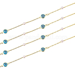 Handmade Brass Paperclip Chains, Drawn Elongated Cable Chains, with Enamel and Imitation Pearl Glass Beads, Long-Lasting Plated, Soldered, with Card Paper, Evil Eye, Golden, 2.5x1x0.4mm and 4x2.5x0.5mm, 2meters/card