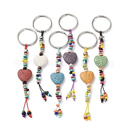 Porte-clés coeur perles de lave naturelle, avec bague en fer et les accessoires en alliage, couleur mixte, 13.5 cm