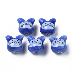 Handmade Porcelain Beads, Famille Rose Style, Cat, Blue, 11.5x12x10.5mm, Hole: 2mm