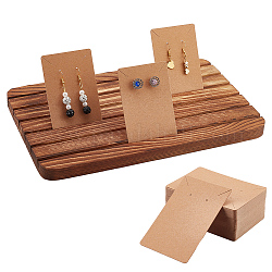 NBEADS Wood Earring Display Stands, 6 Slots Jewelry Earring Ring Display Holder Beech Wood Earring Business Card Holder With 100 Pcs Jewelry Display Cards for Home Retail Store, Tan, 10.8x6.7