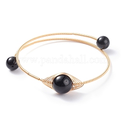 Bracciale rigido con perline rotonde in ossidiana naturale, braccialetto di coppia regolabile in filo di rame per le donne, oro, diametro interno: 2 pollice (5.2 cm)