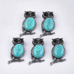 Synthetic Turquoise Brooches/Pendants, with Rhinestone and Alloy Findings, Owl, Antique Silver, 51x28~29x15~16.5mm, Hole: 4.5x8.5mm, Pin: 0.5mm