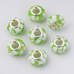 Harz europäischen Perlen, Großloch perlen, mit Platin-Ton Messing Doppeladern, Rondell, hellgrün, 14x9 mm, Bohrung: 5 mm