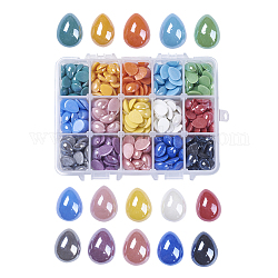 15 Colors Pearlized Plated Handmade Porcelain Cabochons, teardrop, Mixed Color, 14x10x5mm, about 32~35pcs/compartment, 480~525pcs/box
