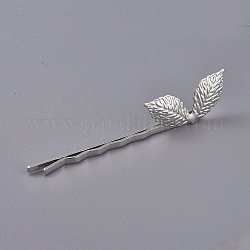 Iron Hair Bobby Pins, with Brass Findings, Leaf, Platinum, 64x4mm, Leaf: 27x12mm