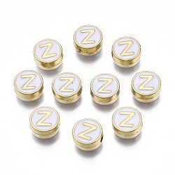 Alloy Enamel Beads, Cadmium Free & Lead Free, Light Gold, Flat Round with Alphabet, White, Letter.Z, 8x4mm, Hole: 1.5mm