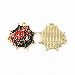Colgantes de esmalte de aleación de halloween chapado en rack, Sin cadmio y níque y plomo, telaraña con araña, la luz de oro, rojo, 20.5x20.5x1.5mm, agujero: 1.6 mm