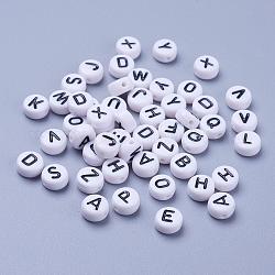 Weiße stämmige Brief Acryl flache Runde Perlen für Kinder Schmuck, horizontales Loch, 7x4 mm, Bohrung: 1.8 mm, ca. 350 Stk. / 50 g