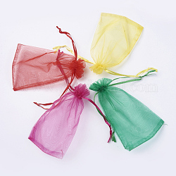4 couleurs sacs en organza, avec des rubans, rectangle, rouge / violet moyen rouge / vert / jaune, couleur mixte, 15~15.5x9.5~10 cm, 25 pcs / couleur, 100 pièces / kit