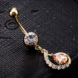 Piercing Jewelry, Brass Cubic Zirconia Navel Ring, Belly Rings, with 304 Stainless Steel Bar, Cadmium Free & Lead Free, Real 18K Gold Plated, teardrop, Orange, 42x12mm, Bar Length: 3/8