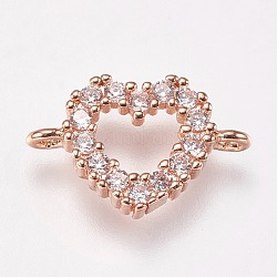 Brass Micro Pave Cubic Zirconia Links, Heart, Clear, Rose Gold, 15x10x2.5mm, Hole: 1mm