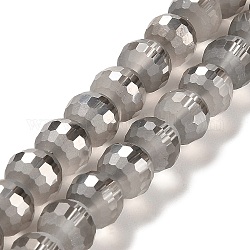 Abalorios de vidrio electroplate hebras, lustre de la perla chapado, esmerilado y facetado (96 facetas), redondo, gris claro, 9.5~10x9~9.5mm, agujero: 1.8 mm, aproximamente 69~70 pcs / cadena, 24.57'' (62.4~63.1 cm)