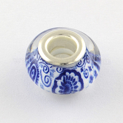 Acryl Großlochperlen, mit silberner Farbe Messing Doppelkerne, Rondell, Blau, 14x9~10 mm, Bohrung: 5 mm