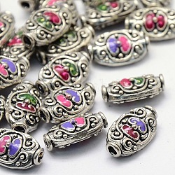 Antique Silver Tone Rice Brass Enamel Beads, Nickel Free, Mixed Color, 16x10x6mm, Hole: 2mm