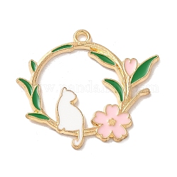 Emaille Anhänger Legierung, golden, Katze mit Blumenanhänger, neblige Rose, 30x33x1.5 mm, Bohrung: 2 mm