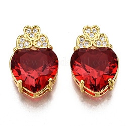 K9 pendenti di vetro, con accessori rhinestone in ottone, sfaccettato, cuore, colore oro opaco, rosso, 18.5x12.5x6.5mm, Foro: 2x2 mm