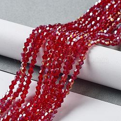 Chapelets de perles en verre, de couleur plaquée ab , facette, Toupie, rouge foncé, 3x3~3.5mm, Trou: 0.5mm, Environ 125~130 pcs/chapelet, 15.5 pouce