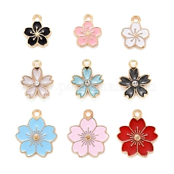 90pcs 9 pendentifs en émail en alliage de style, avec strass cristal, fleur de sakura et fleur de prunier, or clair, 10 pièces / style