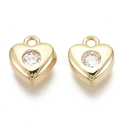 Brass Micro Pave Cubic Zirconia Charms, Heart, Nickel Free, Real 18K Gold Plated, Clear, 8x7x2.5mm, Hole: 1.2mm