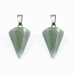 Cône / spike / pendule naturel vert aventurine pendentifs en pierre, avec les accessoires en fer de platine plaqués, 25~27x14x14mm, Trou: 6x3mm