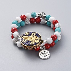 Ensembles de bracelets extensibles à thème bouddhiste guan yin et lotus, bracelets empilables, avec des perles indonésiennes faites à la main en laiton, howlite naturel, perles rondes synthétiques turquoise et perles et pendentifs en alliage de style tibétain, 2-1/8 pouce (5.5 cm), 2 pièces / kit