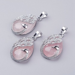 Ciondoli quazo rosa naturale, con accessori in ottone, lacrima con pavone, platino, 33x20x10.5mm, Foro: 5x6.5 mm