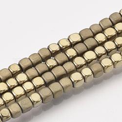 Electroplate Non-magnetic Synthetic Hematite Bead Strands, with Matte Style, Cube, Light Gold Plated, 3x3x3mm, Hole: 1mm, about 142pcs/strand, 15.7 inch