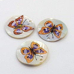 Printed Shell Pendants for Jewelry Making, Flat Round with Butterfly Pattern, Dark Orange, 35x2mm, Hole: 2mm