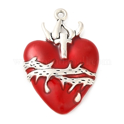Pendente smaltati in lega, argento antico, cuore con ciondolo a croce, cremisi, 42x28.5x5mm, Foro: 2 mm