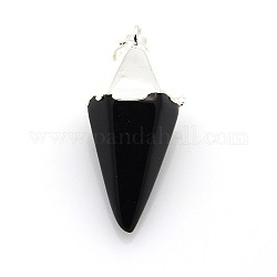 Bicone Natural Black Agate Pendants with Silver Tone Brass Findings, 37x14x14mm, Hole: 8x5mm