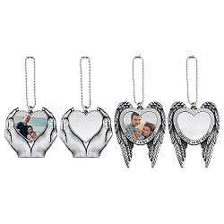 SUPERFINDINGS 4 Sets 2 Style Zinc Alloy Heat Transfer Sublimation Blank Pendant Decorations, Hands/Angel Wings Holding Love Heart Car Keychain Ornament, Platinum, 130~150mm, Pendant: 60~83x62~65x3~4mm, Heart: 36~37x39~42x0.5mm, 2 sets/style
