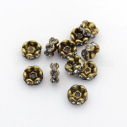 Brass Rhinestone Spacer Beads, Grade AAA, Wavy Edge, Nickel Free, Antique Bronze, Rondelle, Crystal, 8x3.8mm, Hole: 1.5mm